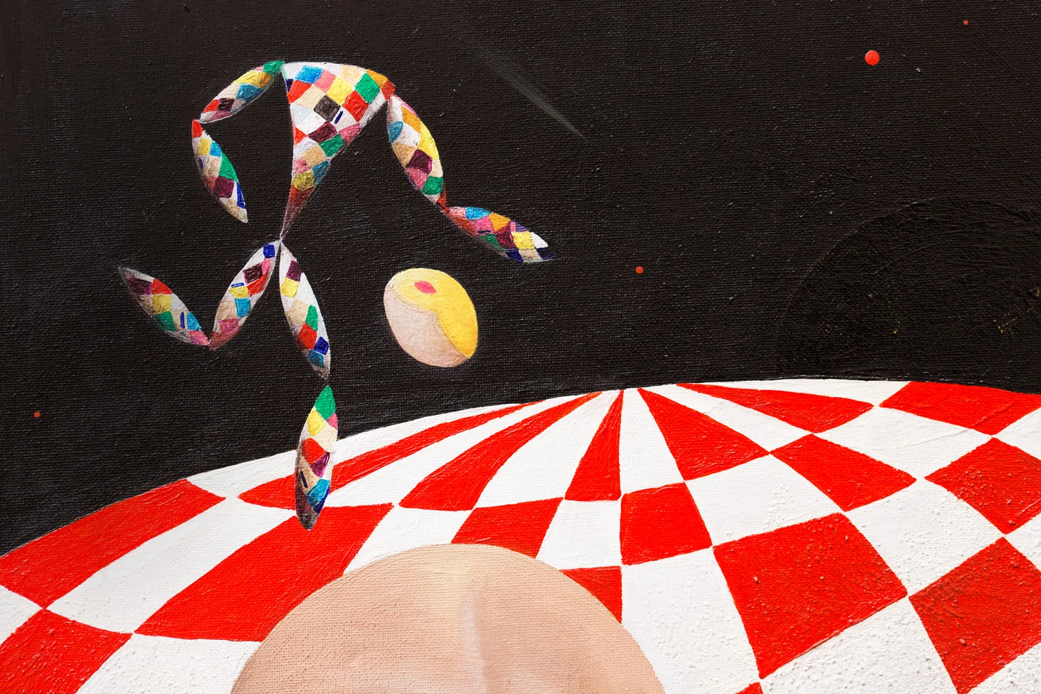Découvrez les détails de l'oeuvre d'art contemporain « Harlequin dans la Terre des Géants » réalisé par Cesare Catania. Surréalisme et hyperréalisme.